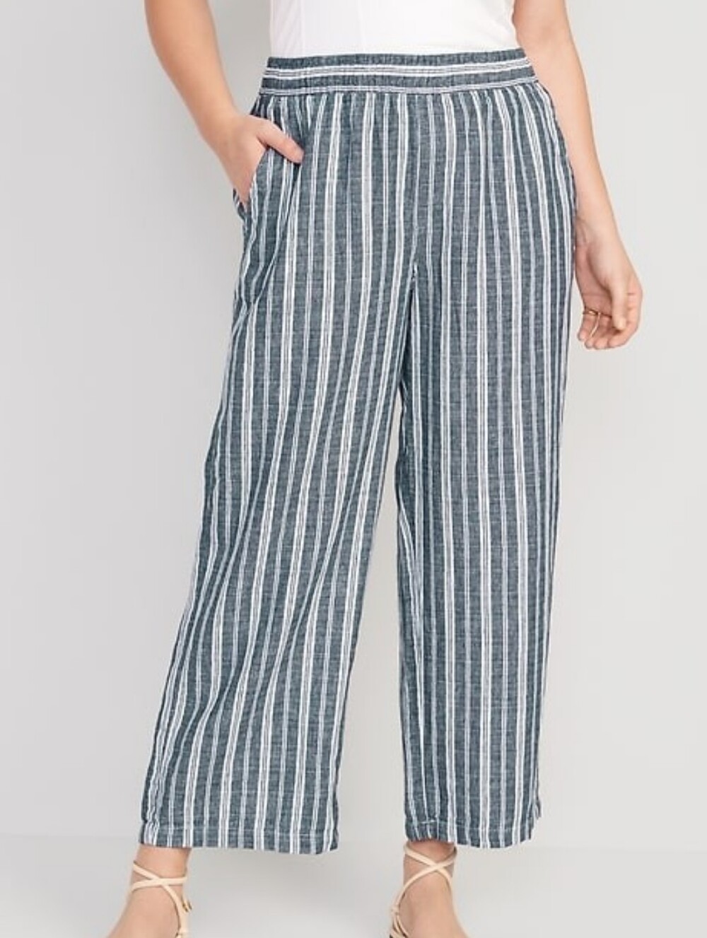 Old Navy High Waist Wide Leg Linen Cotton Blend Blue Striped Pants M Coastal